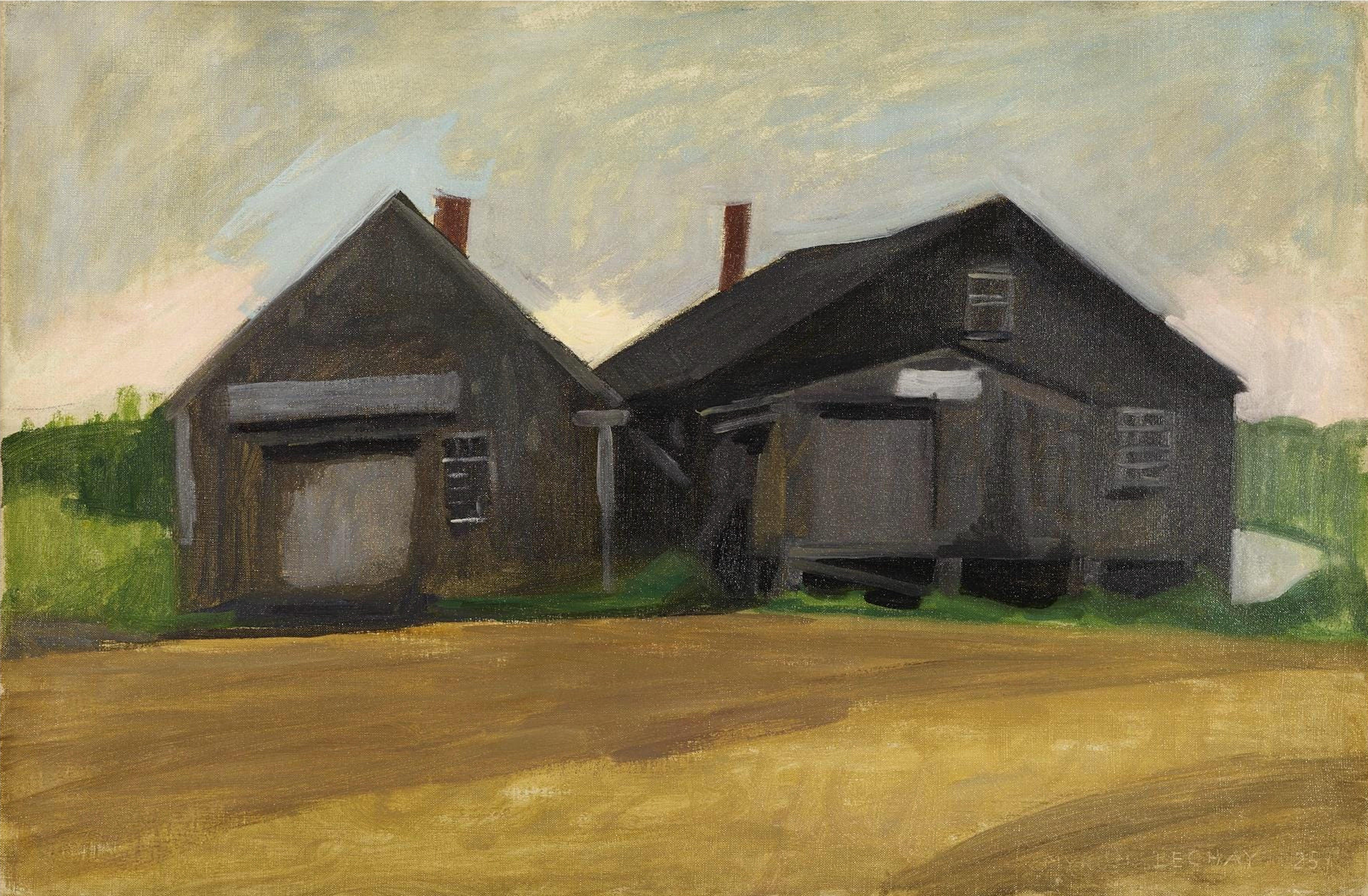 Oil on canvas, signed and dated to lower right 'Myron Lechay 25'. 
Signed and titled verso 'Old Blacksmith Shop Myron Lechay'. The old blacksmith shop in Kennebunkport Maine.
Measures: 20:
