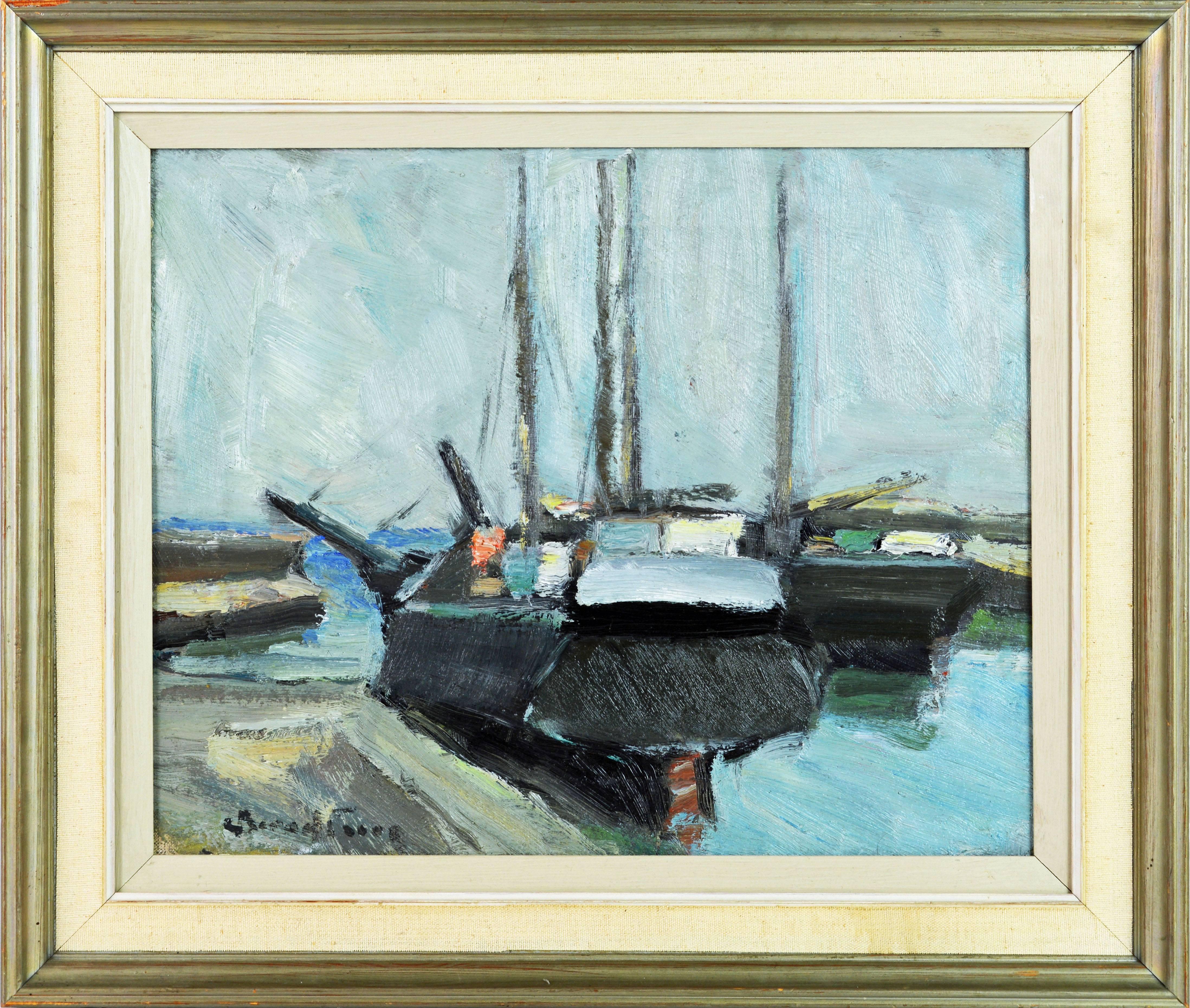 'The Old Boats in Harbor'
By Carl Berndtsson, Swedish, 1902-1982.
Measures: 13 x 16 inches without frame, 18 x 21 in. including frame.
Oil on canvas, signed.
Housed in the likely original painted frame with liner.

Carl Berndtson:
Carl