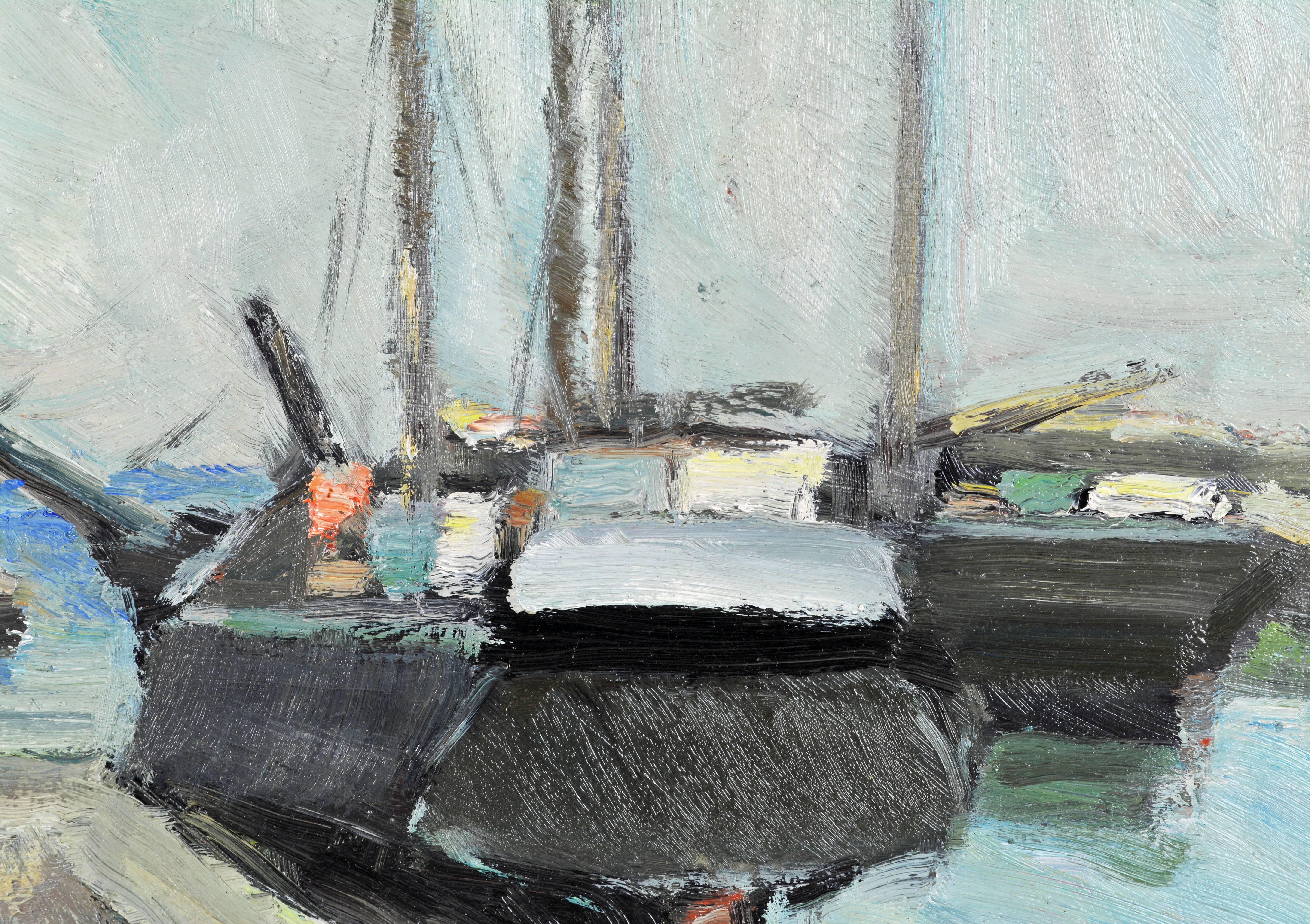 Mid-Century Modern 'The Old Boats in Harbor' Original Oil by Carl Berndtsson, Swedish