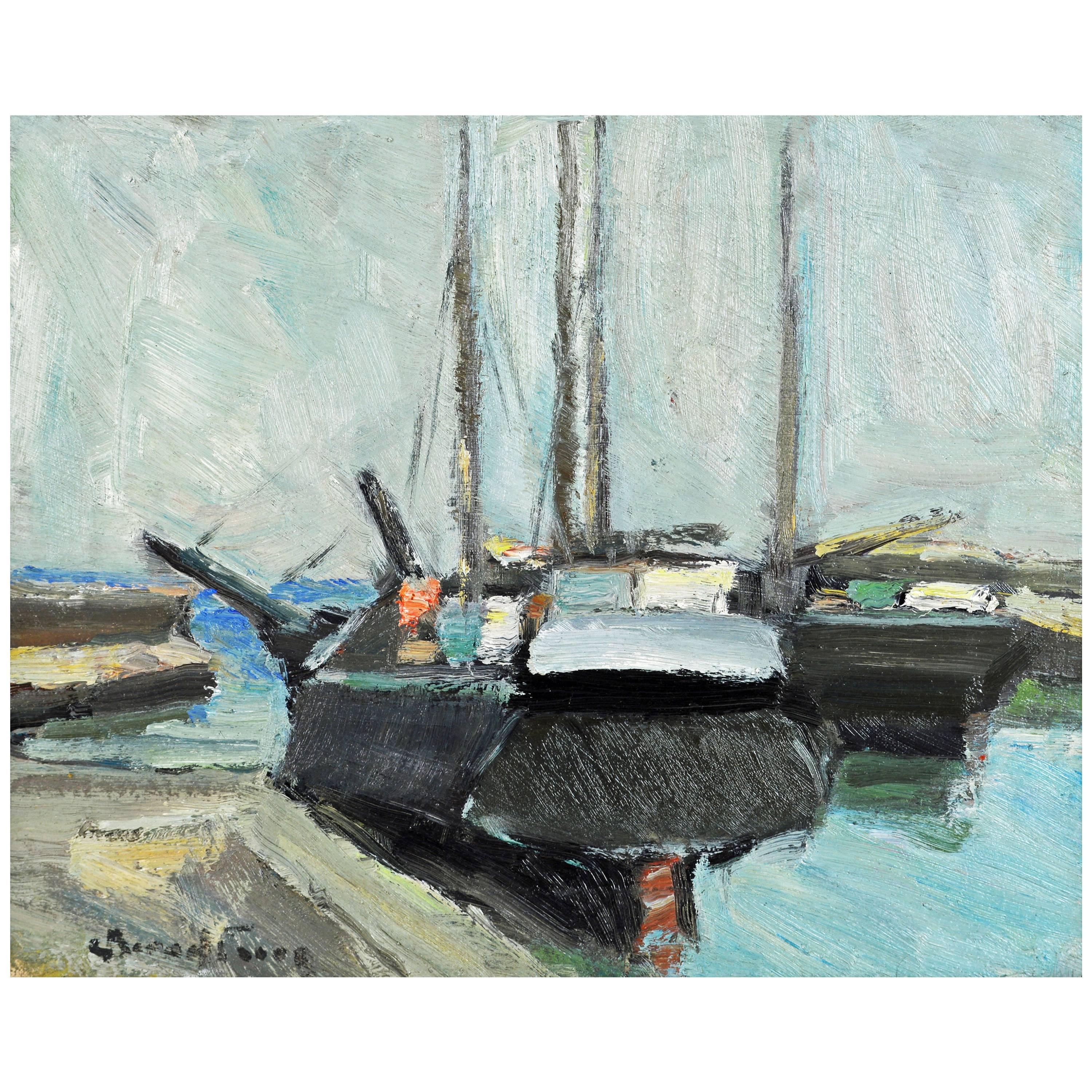 'The Old Boats in Harbor' Original Oil by Carl Berndtsson, Swedish