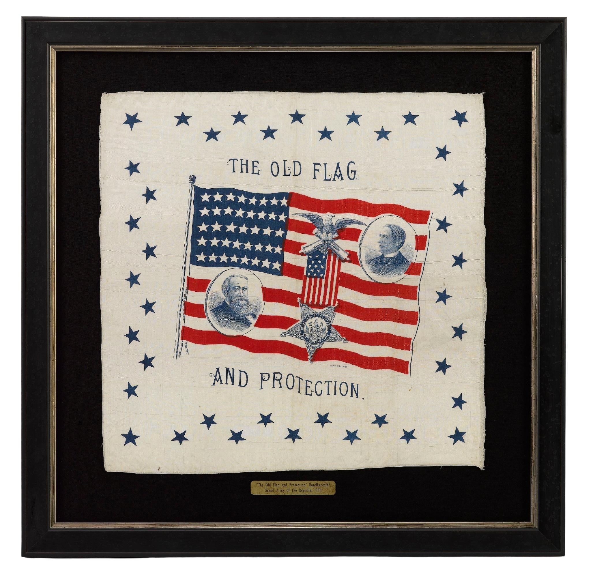 Presented is an original Benjamin Harrison campaign handkerchief, from the 1888 presidential election. Printed on white silk, this design features a waving 39-star American flag and the text “The Old Flag and Protection”at center. The flag is