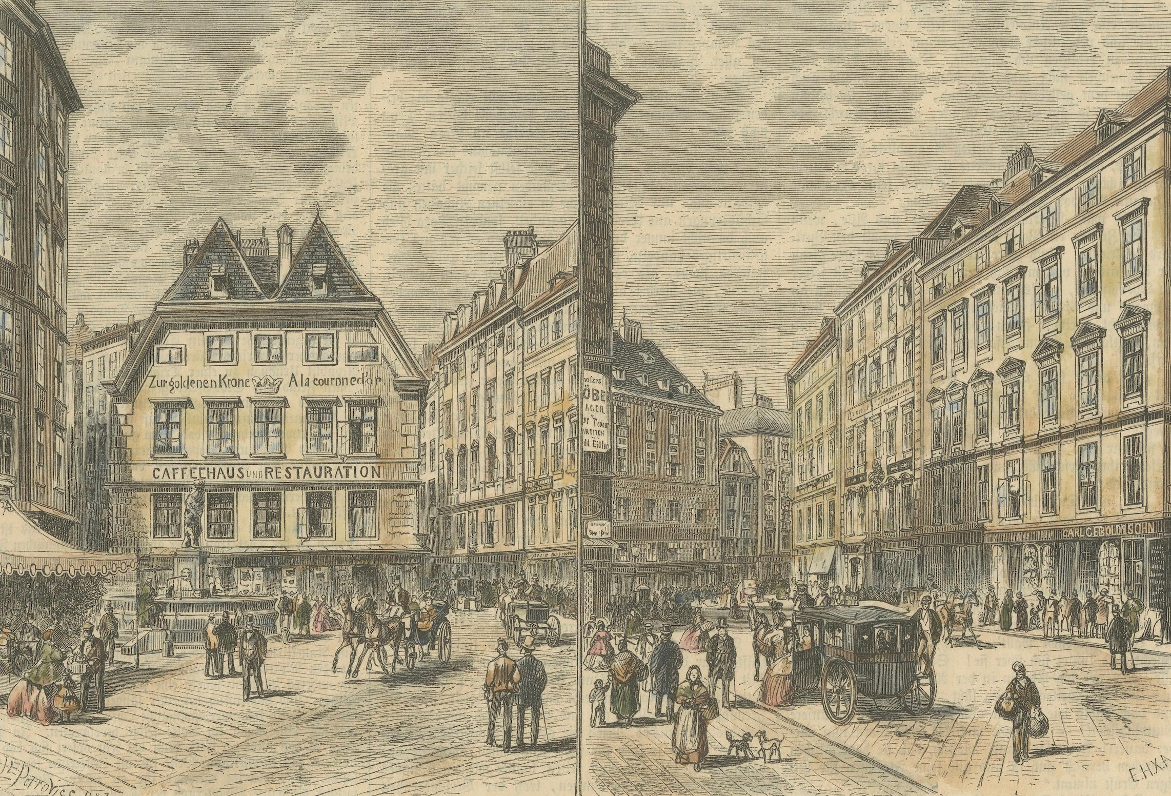 Le vieux Graben à Vienne - Gravure à la main du XIXe siècle, 1853

Charmante gravure originale du XIXe siècle, coloriée à la main, représentant Die alte Graben-Ecke in Wien (