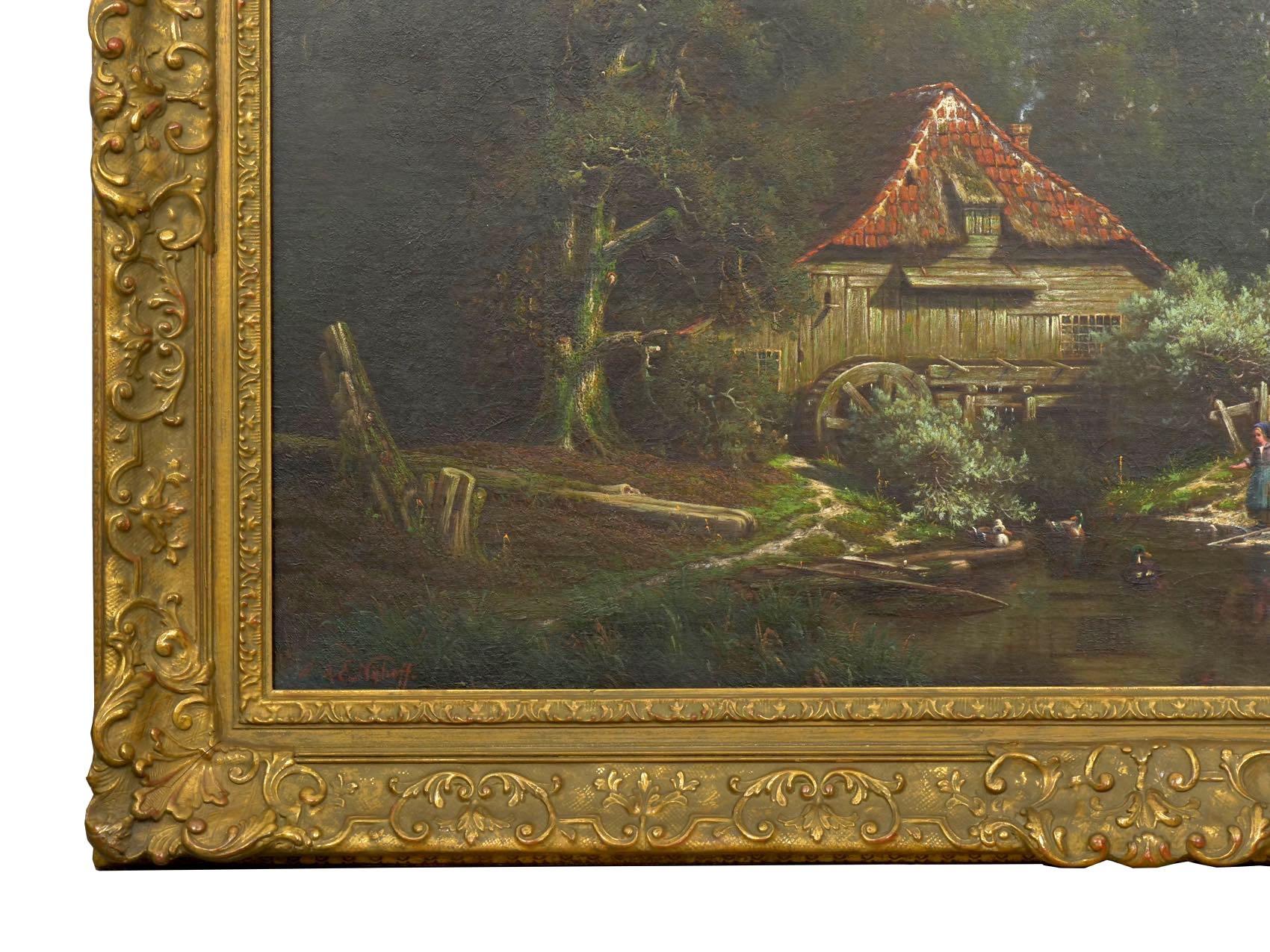 “The Old Red Mill” French Antique Oil Painting by Elisa Agnetus-Emilius Nyhoff 11