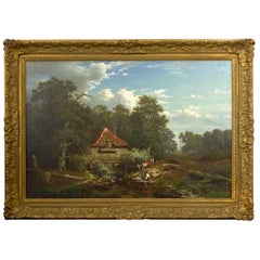 “The Old Red Mill” French Antique Oil Painting by Elisa Agnetus-Emilius Nyhoff