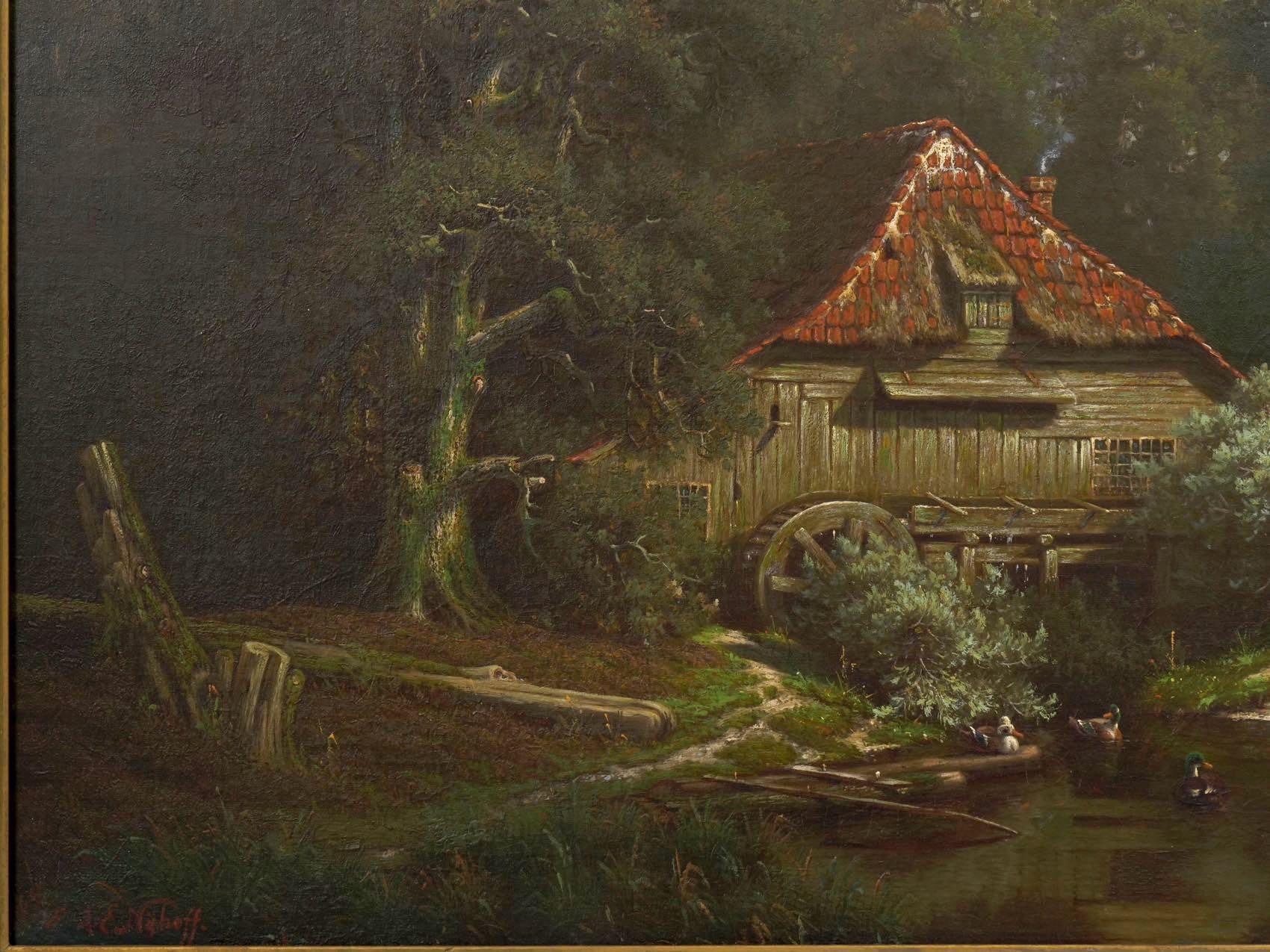 19th Century “The Old Red Mill” French Antique Oil Painting by Elisa Agnetus-Emilius Nyhoff