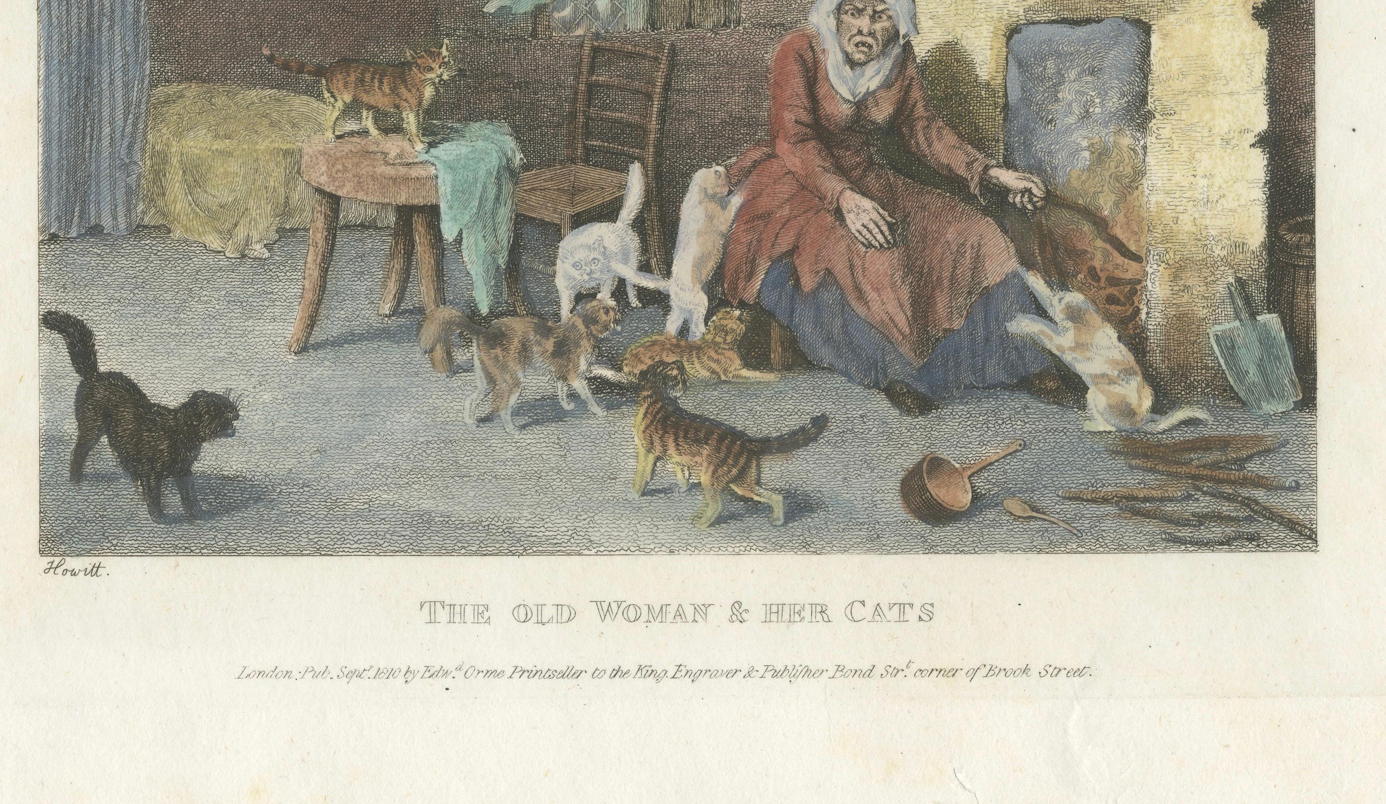 La anciana y sus gatos, 1809 Aguafuerte coloreado a mano de Edward Orme en Bueno estado para la venta en Langweer, NL