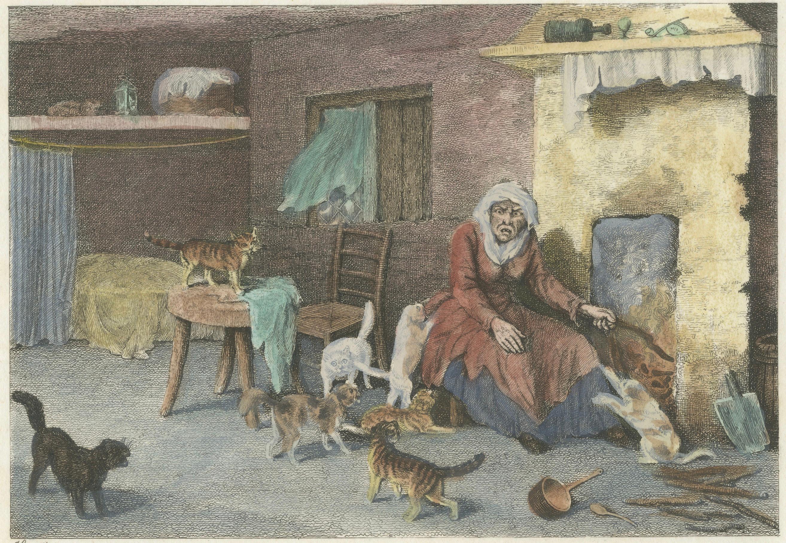 La anciana y sus gatos, 1809 Aguafuerte coloreado a mano de Edward Orme principios del siglo XIX en venta
