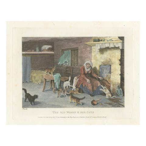 The Old Woman and Her Cats, 1809 Hand-Colored Etching by Edward Orme