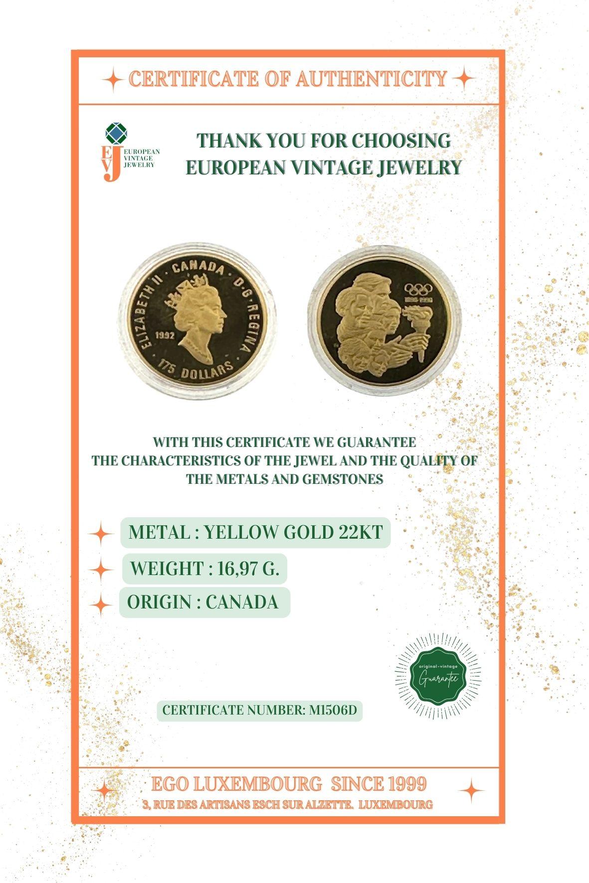 La pièce de monnaie du Centenaire des Jeux olympiques en or jaune 22 carats 1992 en vente 3
