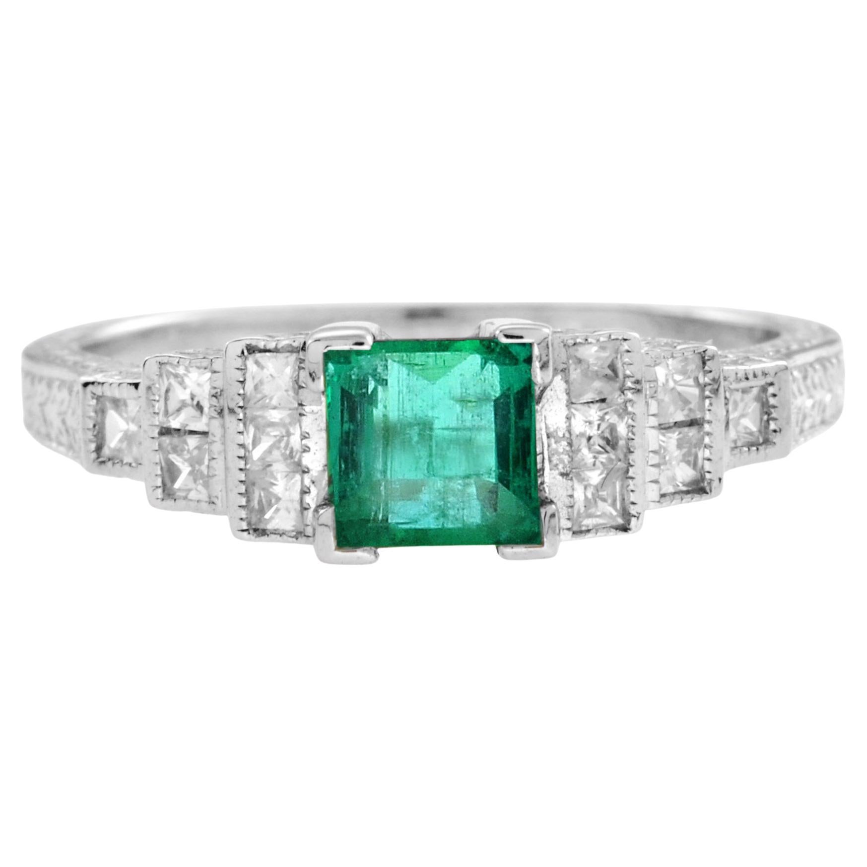 For Sale:  Art Deco Style Square Emerald with Diamond Stepped Ring in 18K Gold
