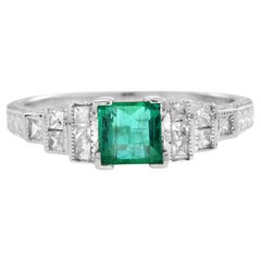 Art Deco Style Square Emerald with Diamond Stepped Ring in 18K Gold