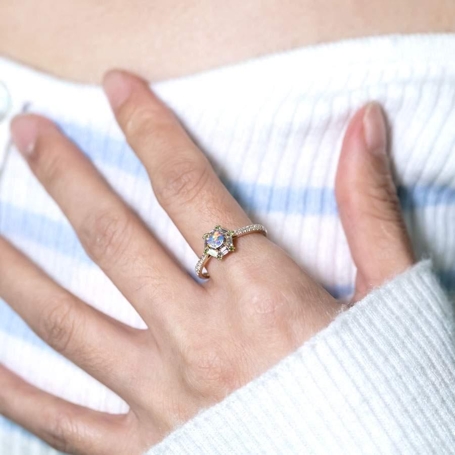 Arts and Crafts The One - Boulder Opal, Baguette Cut Diamond, Tsavorite Engagement Ring 14K Gold For Sale