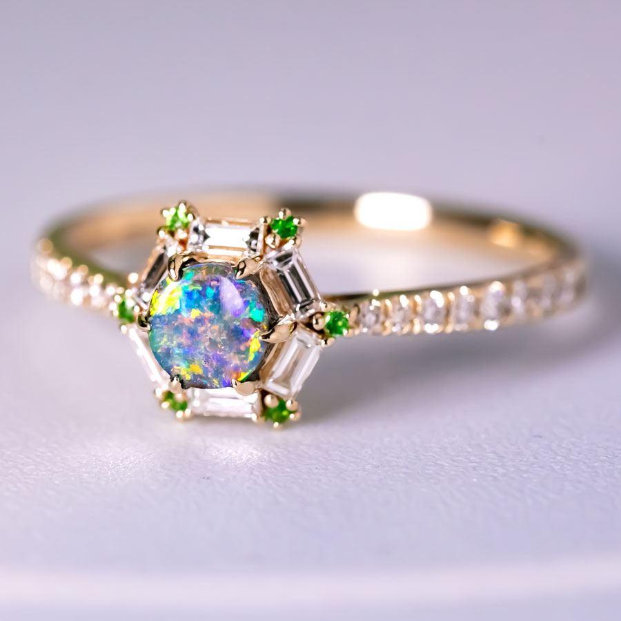 Brilliant Cut The One - Boulder Opal, Baguette Cut Diamond, Tsavorite Engagement Ring 14K Gold For Sale