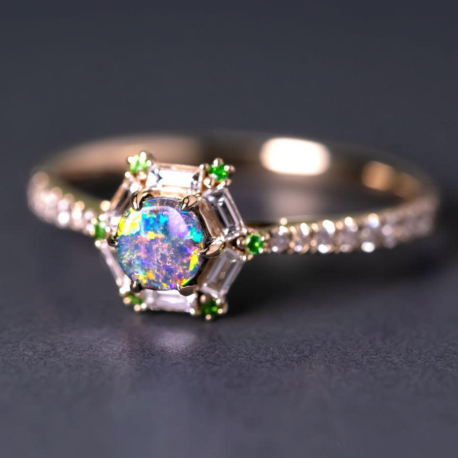 The One - Boulder Opal, Baguette Cut Diamond, Tsavorite Engagement Ring 14K Gold In New Condition For Sale In Suwanee, GA