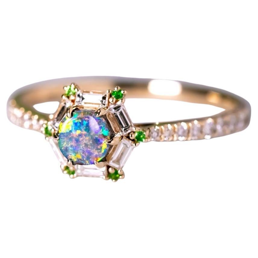The One - Boulder Opal, Baguette Cut Diamond, Tsavorite Engagement Ring 14K Gold