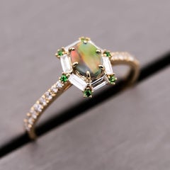 The One - Black Opal, Baguette Diamond, Tsavorite Engagement Ring 18K Yellow Gol