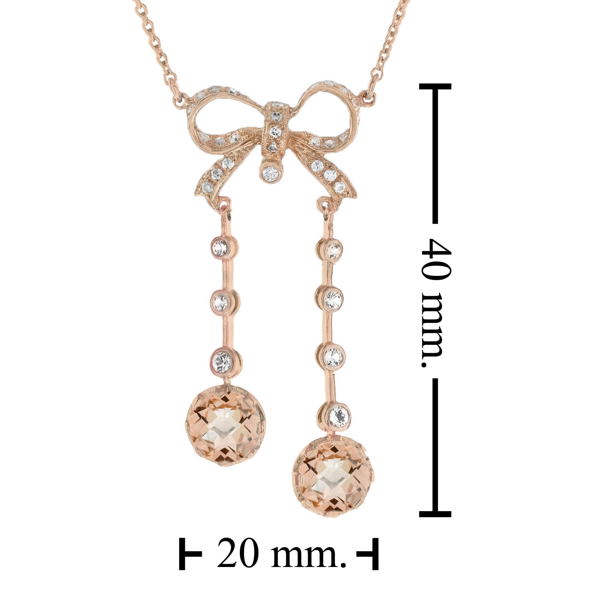 Women's Twin Morganite and Diamond Edwardian Style Bow Necklace in 14K Rose Gold For Sale