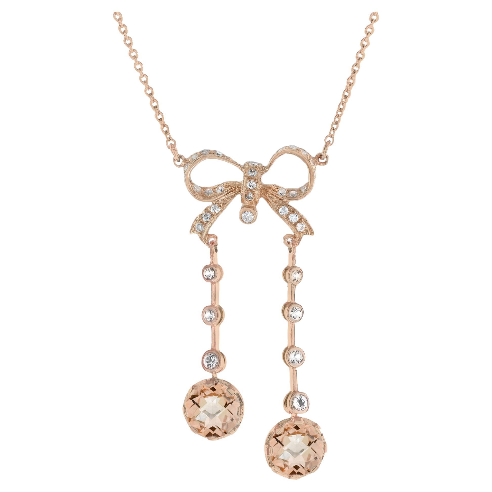 Twin Morganite and Diamond Edwardian Style Bow Necklace in 14K Rose Gold For Sale