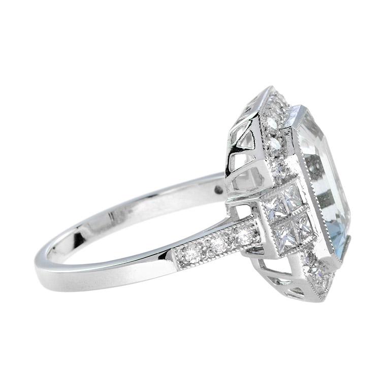 For Sale:  Emerald Cut Aquamarine with Diamond Halo Engagement Ring in 18K White Gold 5