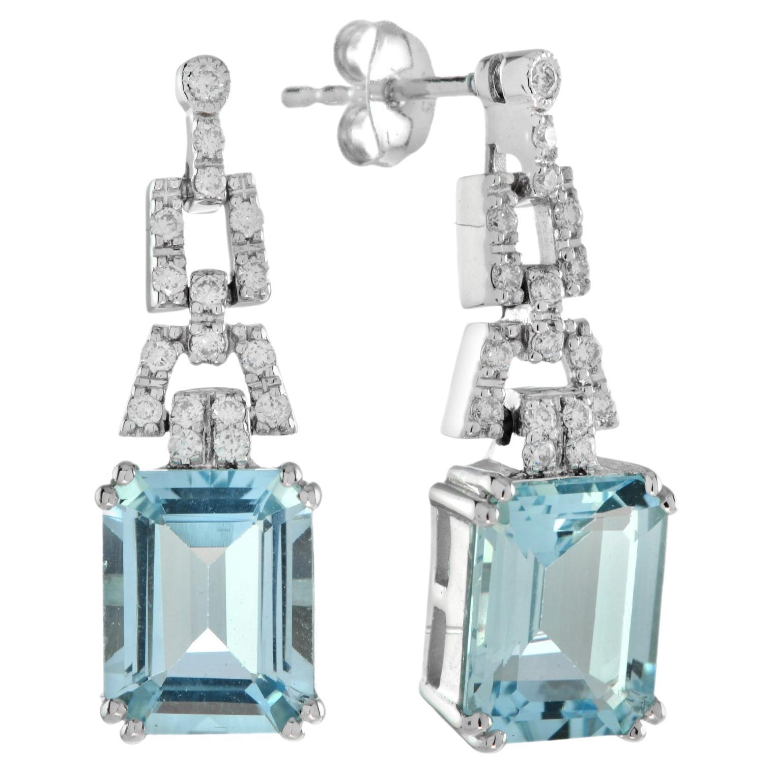 Emerald Cut Blue Topaz and Diamond Drop Earrings in White Gold