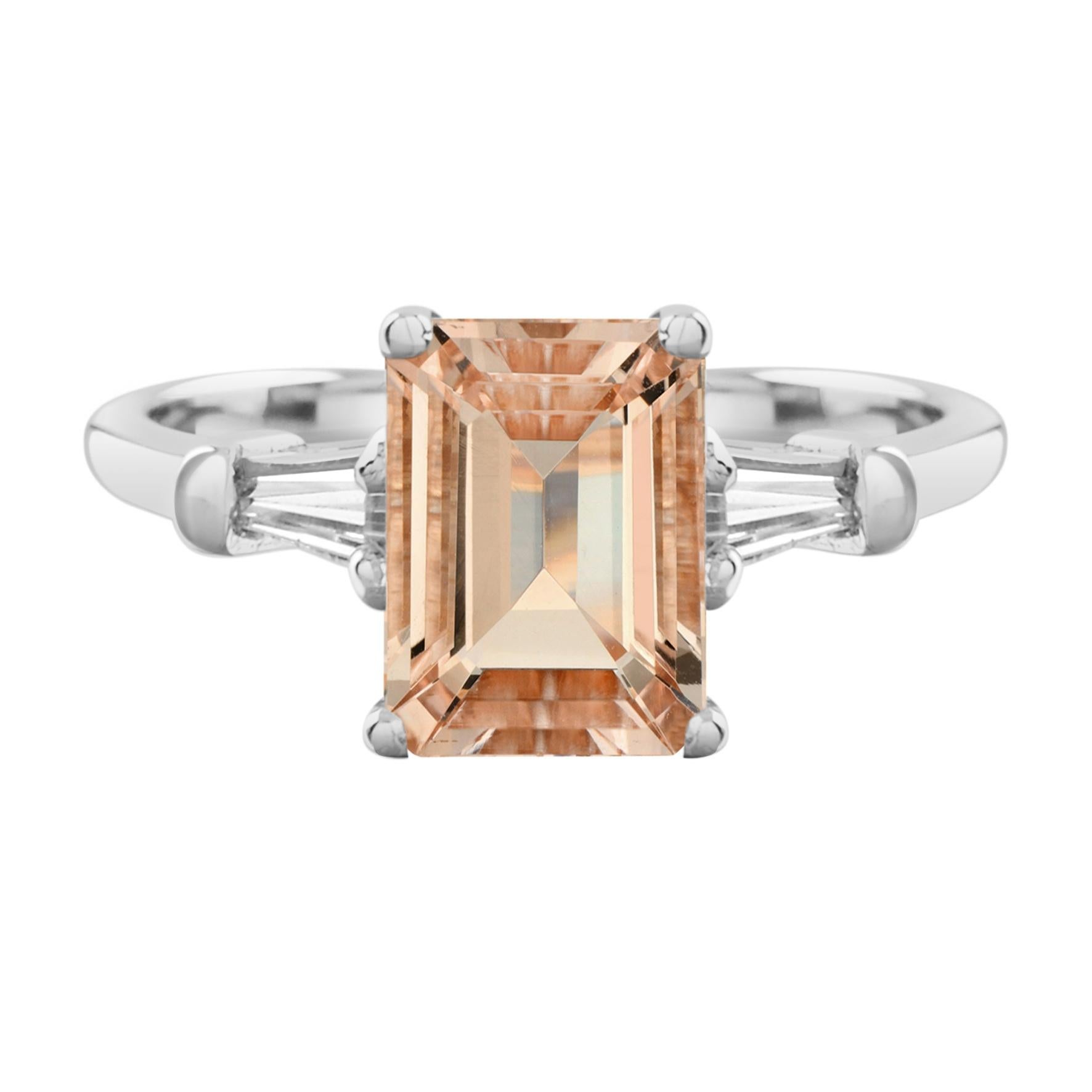 For Sale:  One Emerald Cut Morganite with Baguette Diamond Engagement White Gold Ring  2