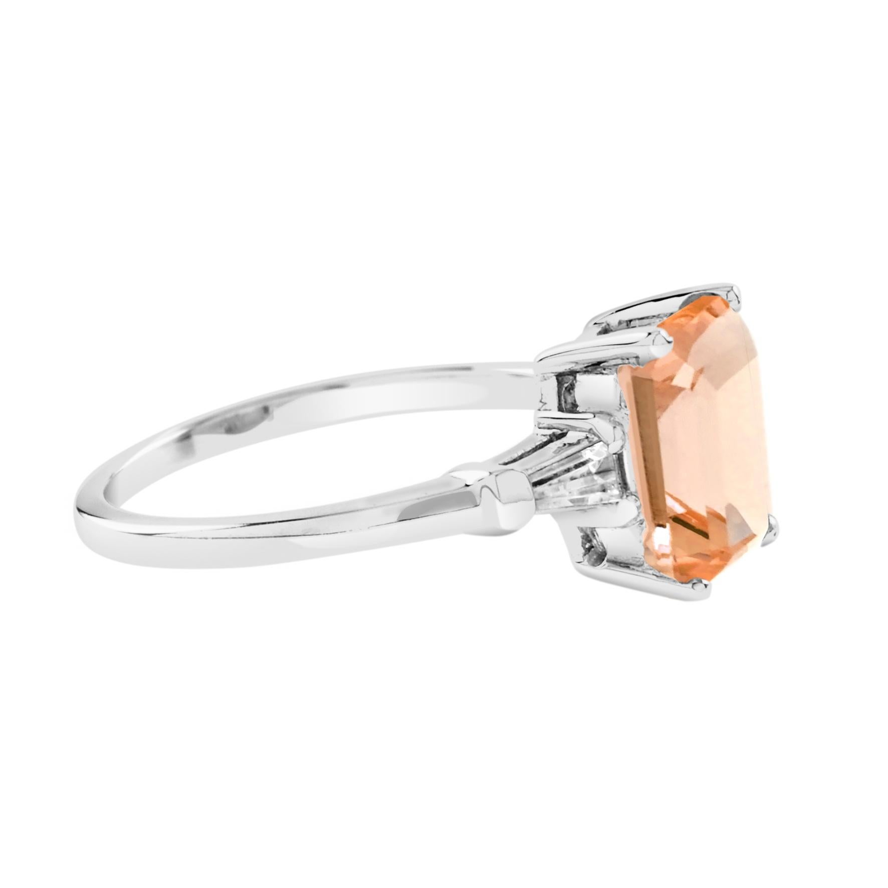 For Sale:  One Emerald Cut Morganite with Baguette Diamond Engagement White Gold Ring  3