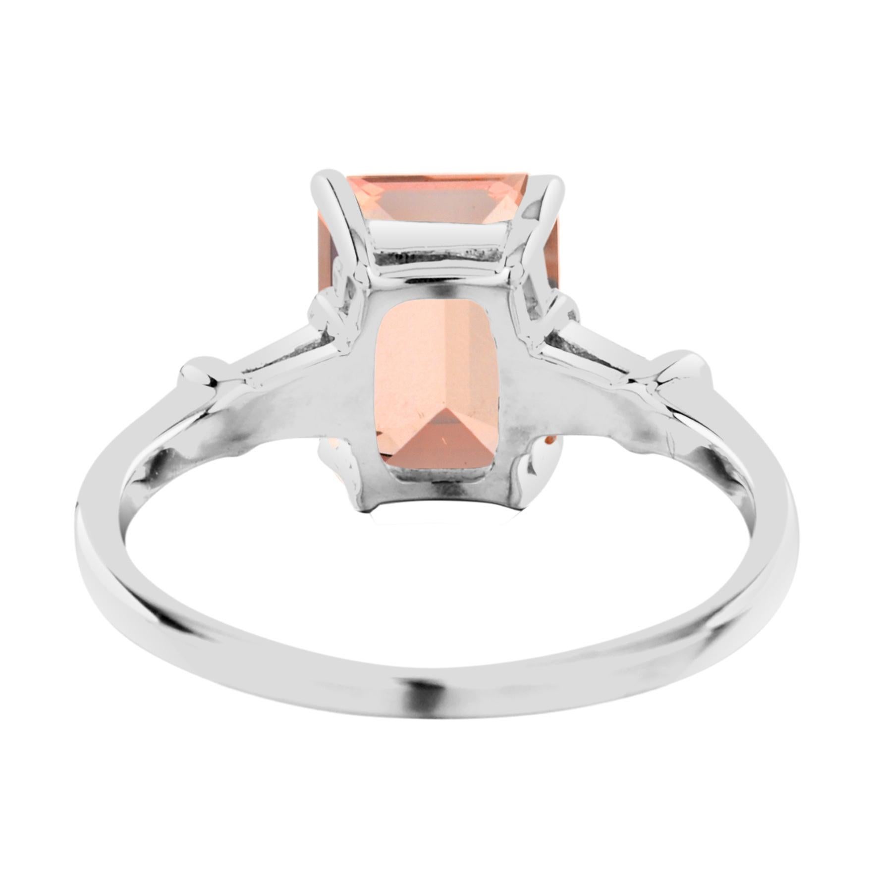 For Sale:  One Emerald Cut Morganite with Baguette Diamond Engagement White Gold Ring  4