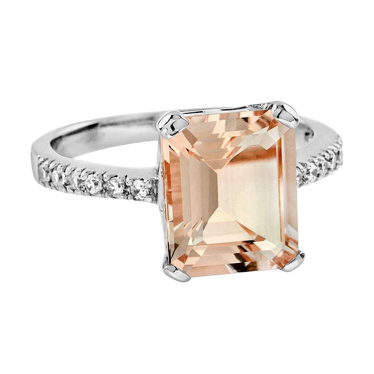 Art Deco The One Emerald Cut Morganite with Diamond Engagement Ring in 18K White Gold