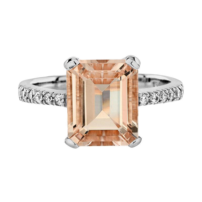 The One Emerald Cut Morganite with Diamond Engagement Ring in 18K White Gold