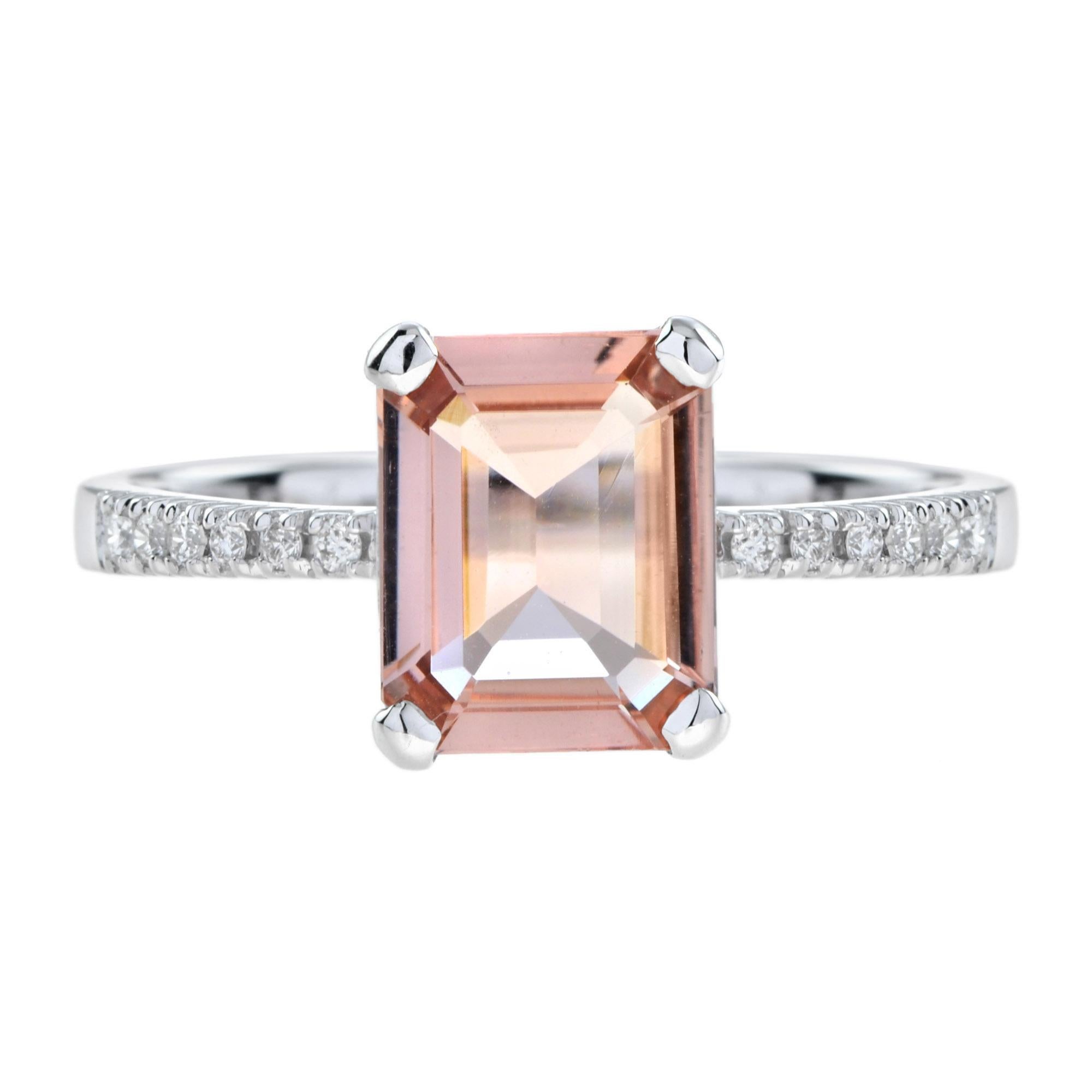 For Sale:  Emerald Cut Morganite with Diamond Engagement Ring in 18K White Gold 8