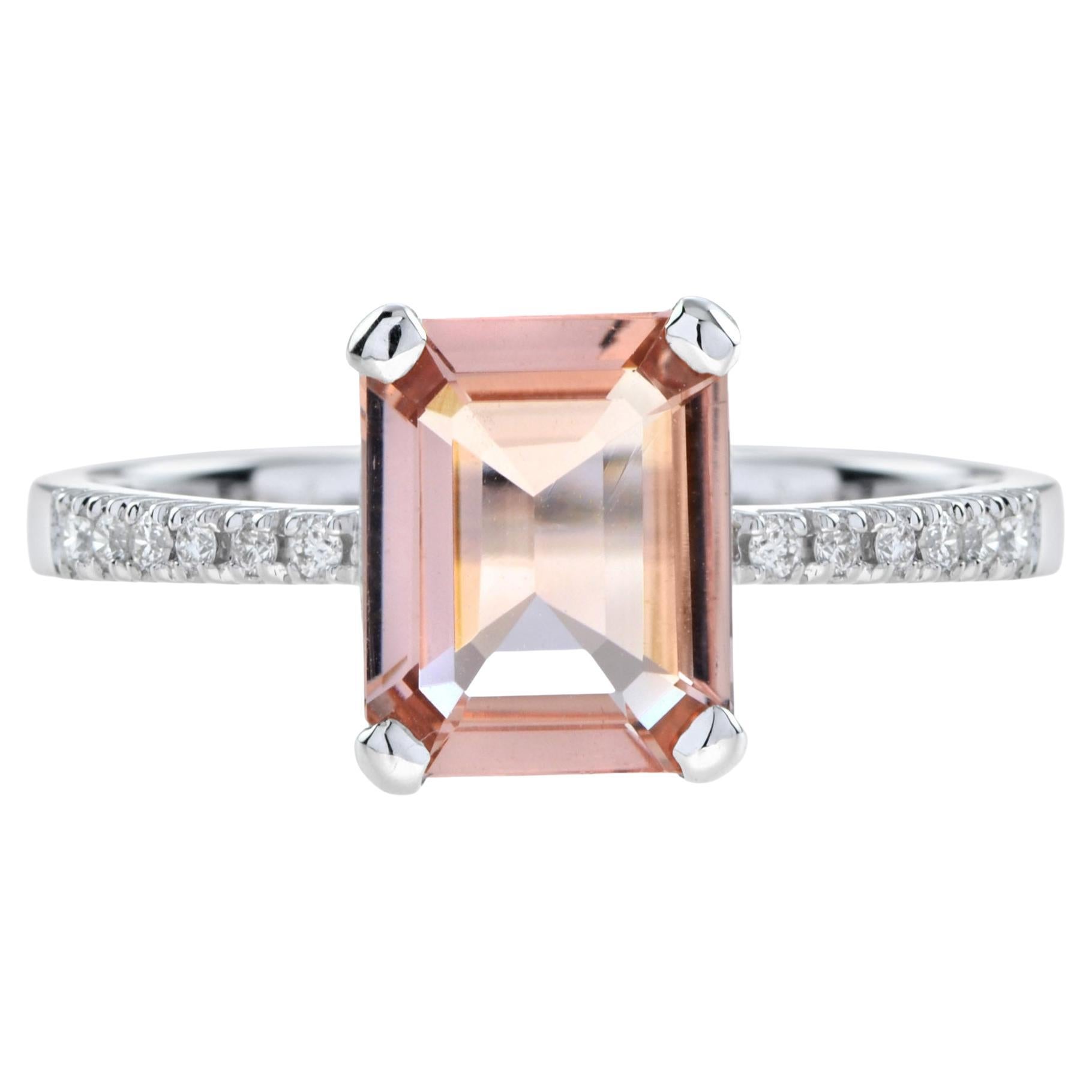 For Sale:  Emerald Cut Morganite with Diamond Engagement Ring in 18K White Gold