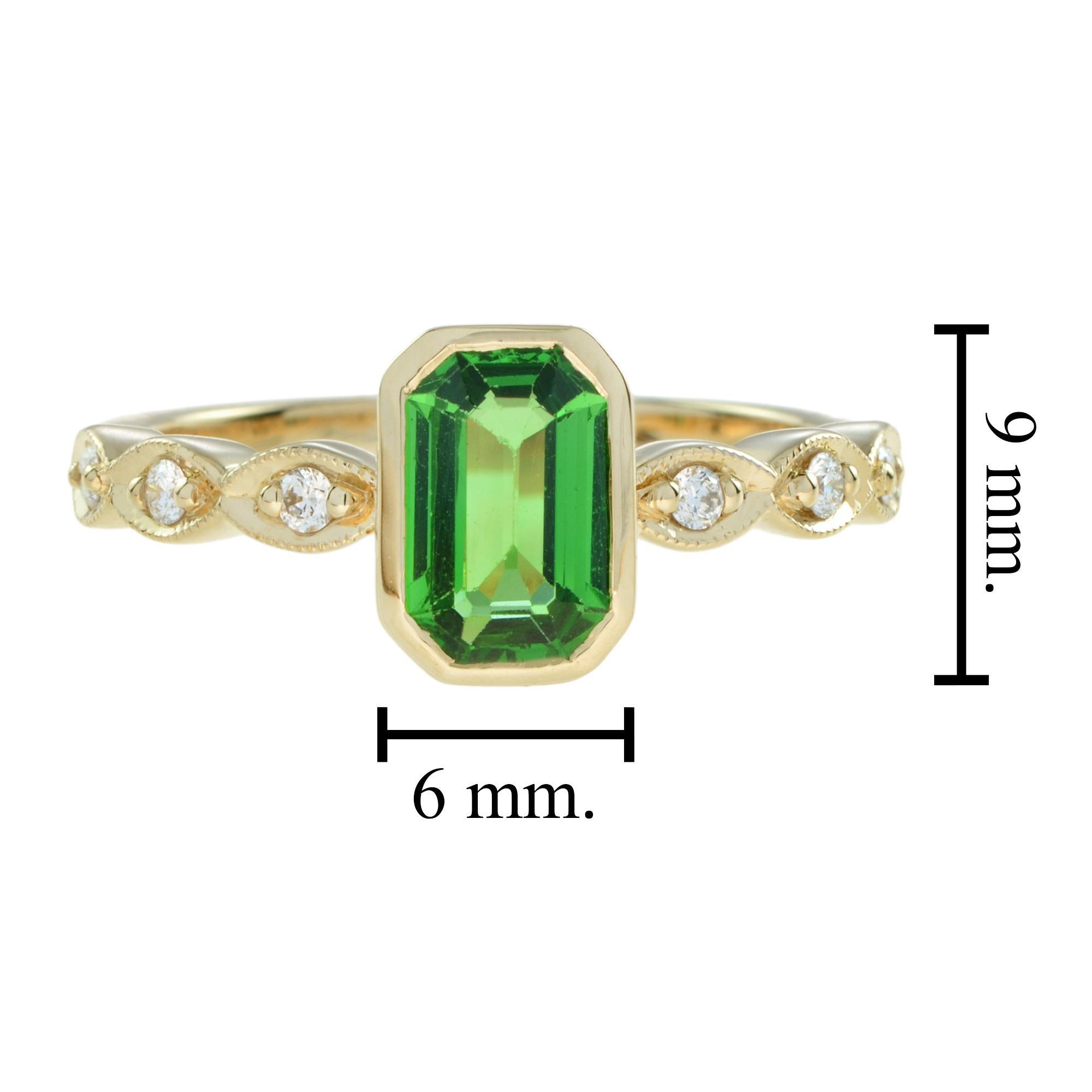 Art Deco Certified Emerald Cut Tsavorite and Diamond Engagement Ring in 18K Yellow Gold For Sale
