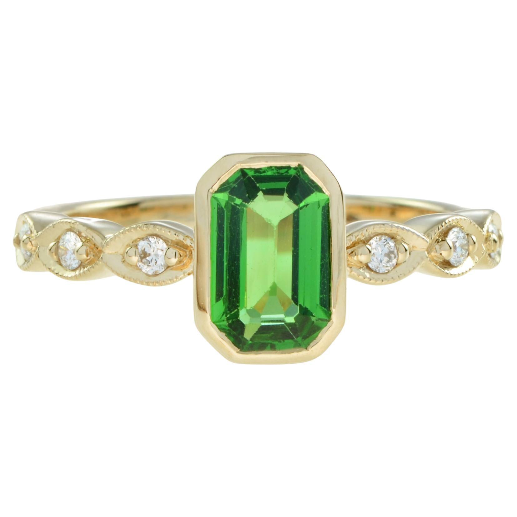Certified Emerald Cut Tsavorite and Diamond Engagement Ring in 18K Yellow Gold