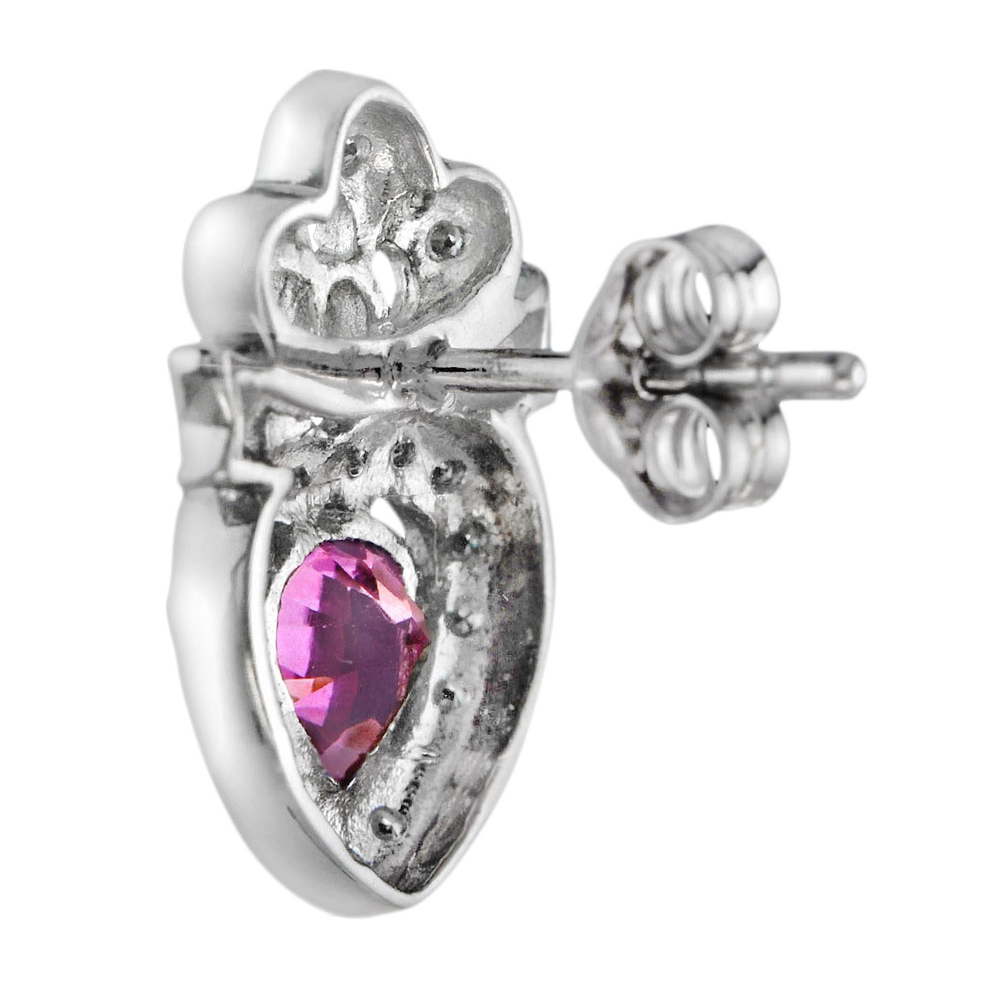 Art Deco The One Heart Pink Topaz and Diamond Stud Earrings in 14K White Gold For Sale