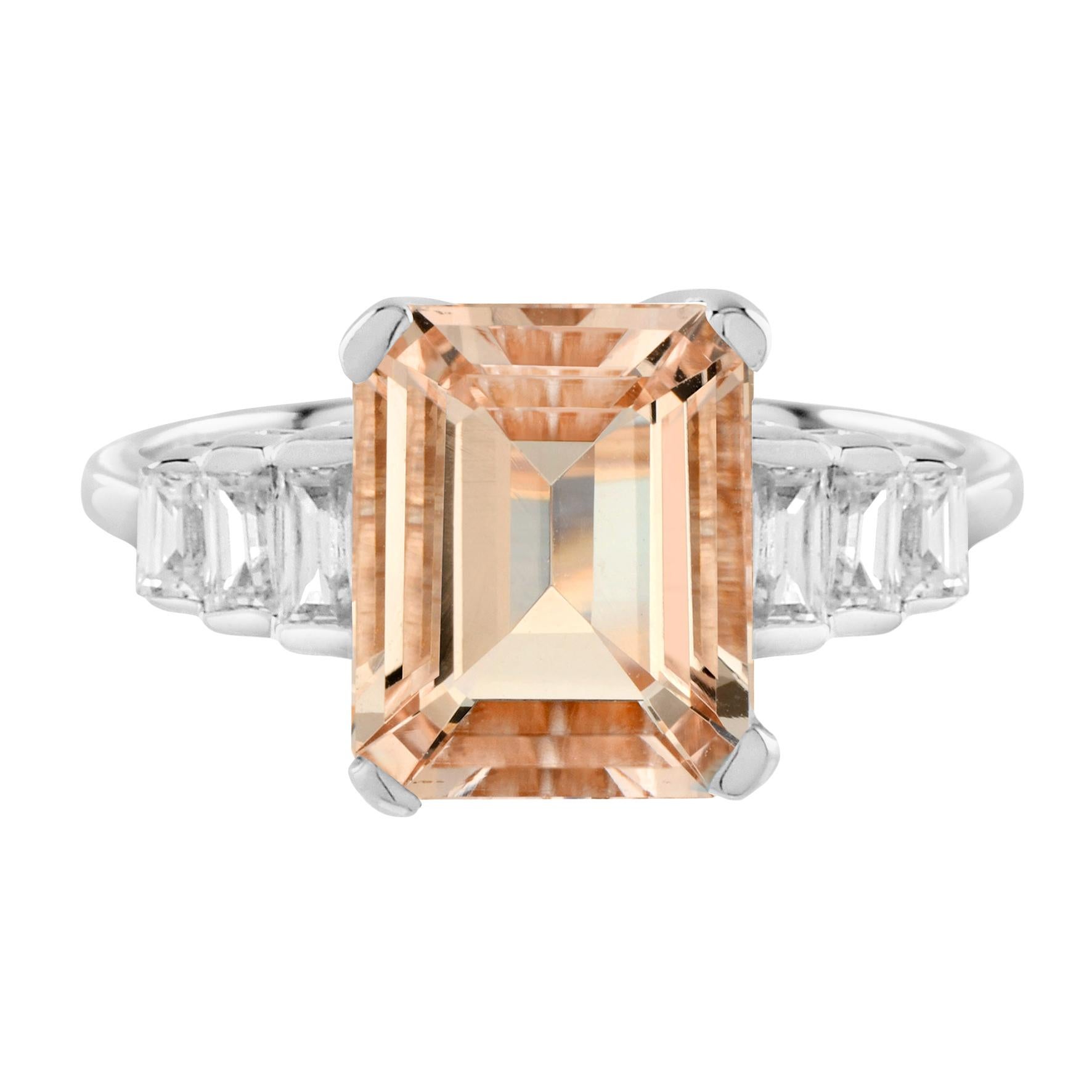 For Sale:  Morganite and Triple Baguette Diamond Classic Engagement Ring in 18K White Gold 2