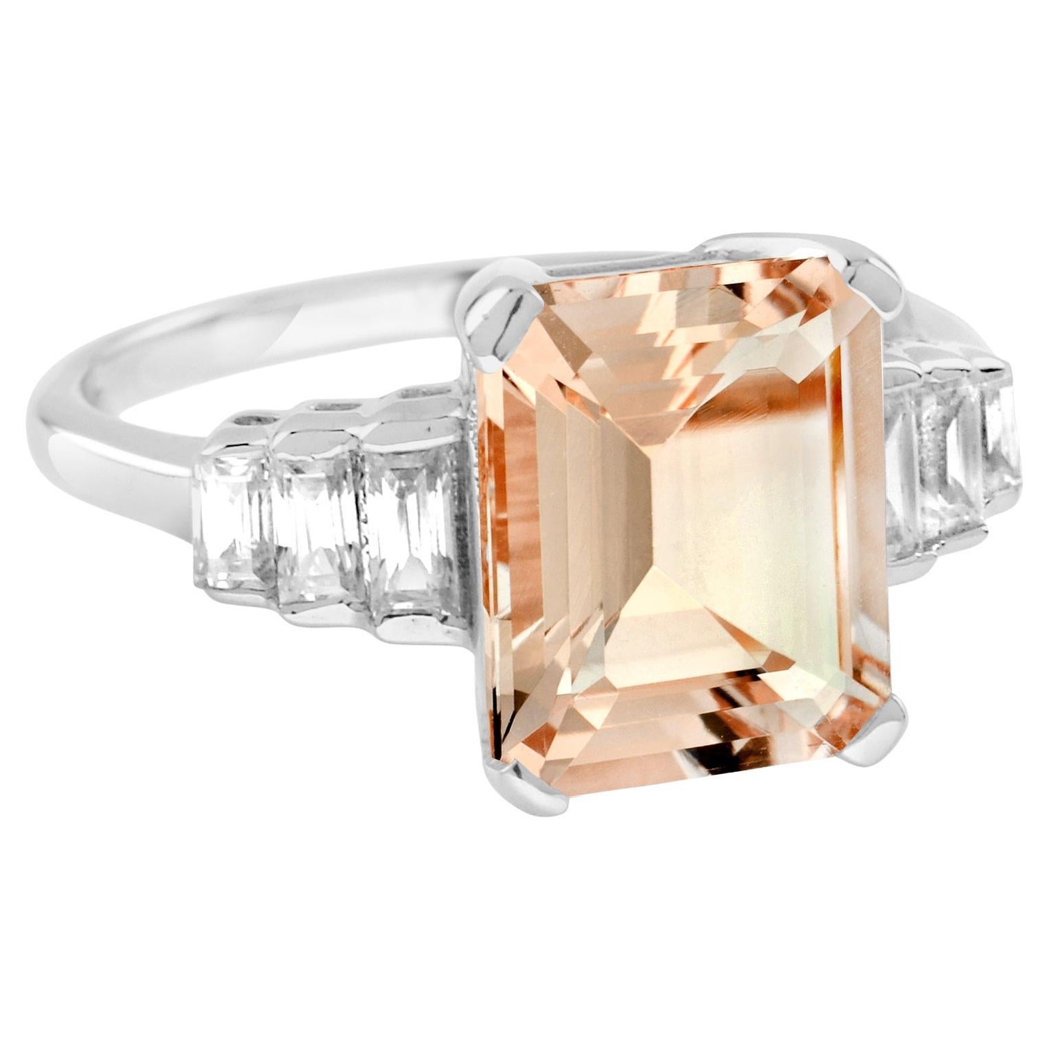 For Sale:  Morganite and Triple Baguette Diamond Classic Engagement Ring in 18K White Gold