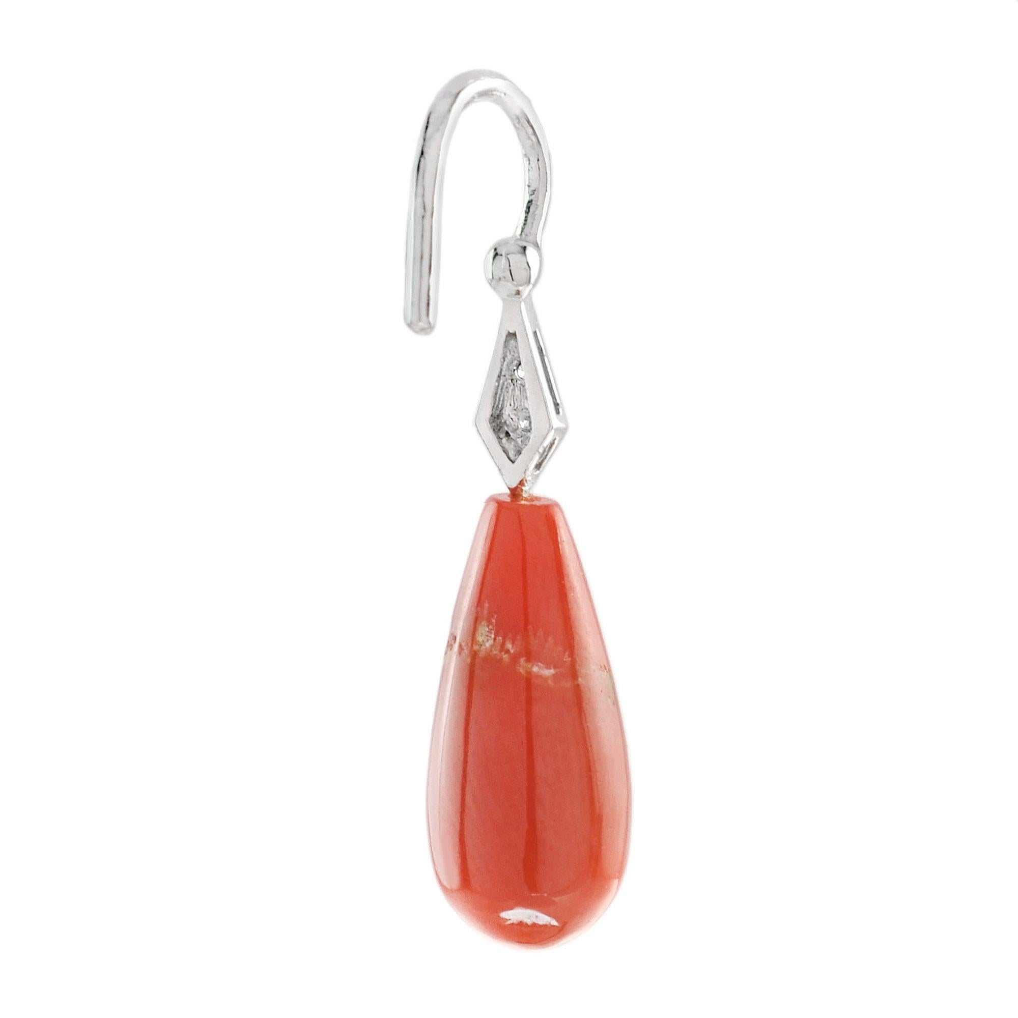 Art Deco One Orange Coral and Diamond Drop Earrings in 18K White Gold