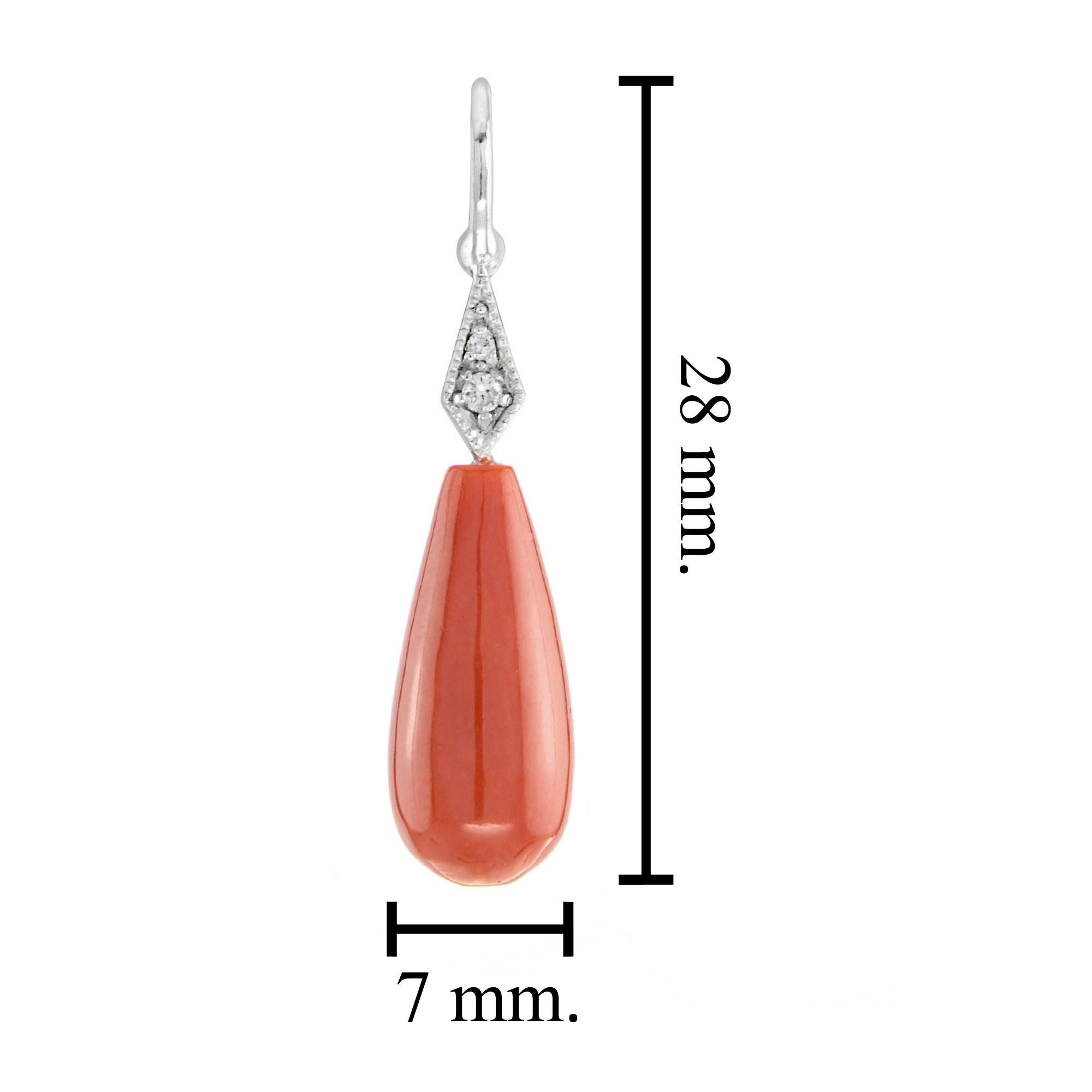 Oval Cut One Orange Coral and Diamond Drop Earrings in 18K White Gold