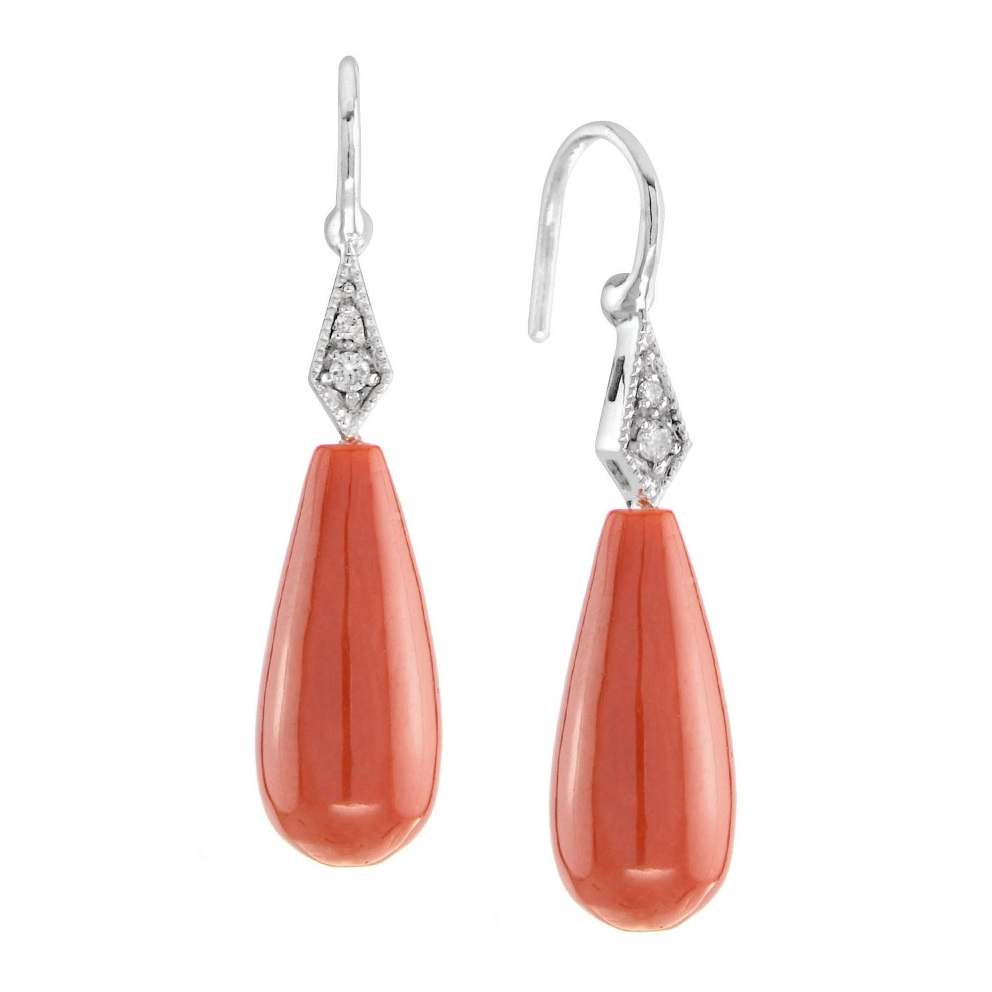 One Orange Coral and Diamond Drop Earrings in 18K White Gold