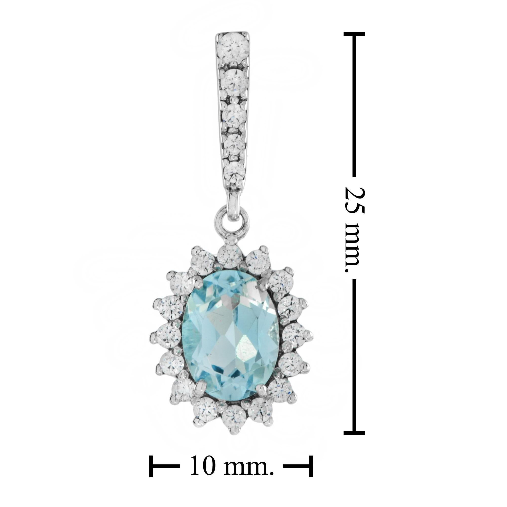Oval Cut One Oval Blue Topaz with Diamond Halo Drop Earrings in 14K White Gold For Sale