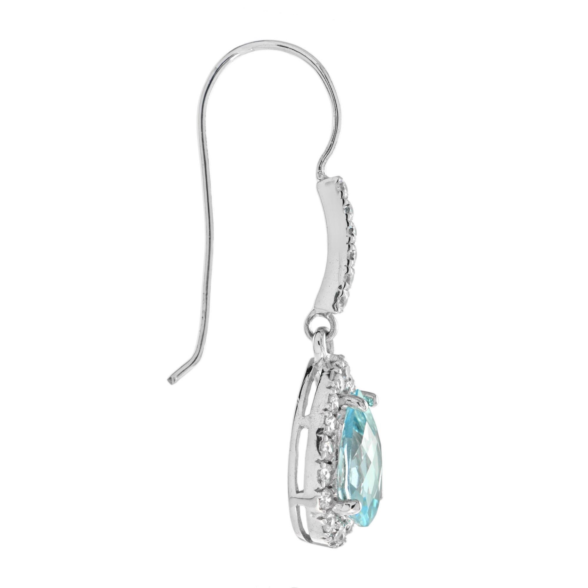Art Deco Pear Blue Topaz with Diamond Halo Drop Earrings in 14K White Gold For Sale