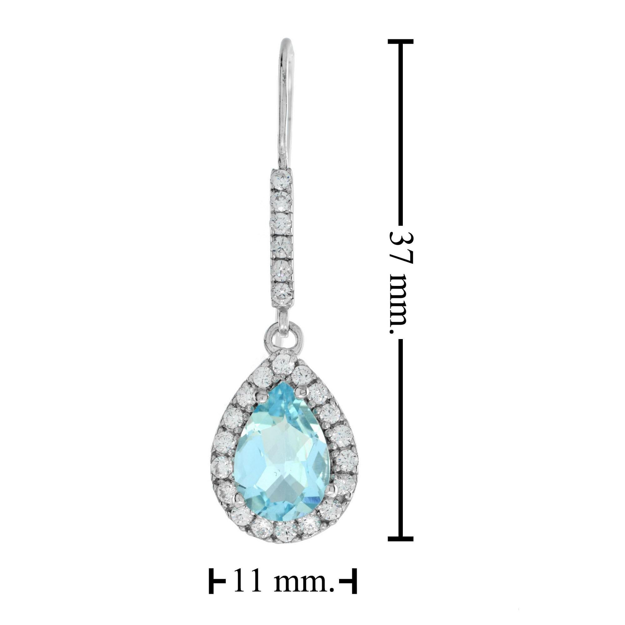 Pear Blue Topaz with Diamond Halo Drop Earrings in 14K White Gold In New Condition For Sale In Bangkok, TH