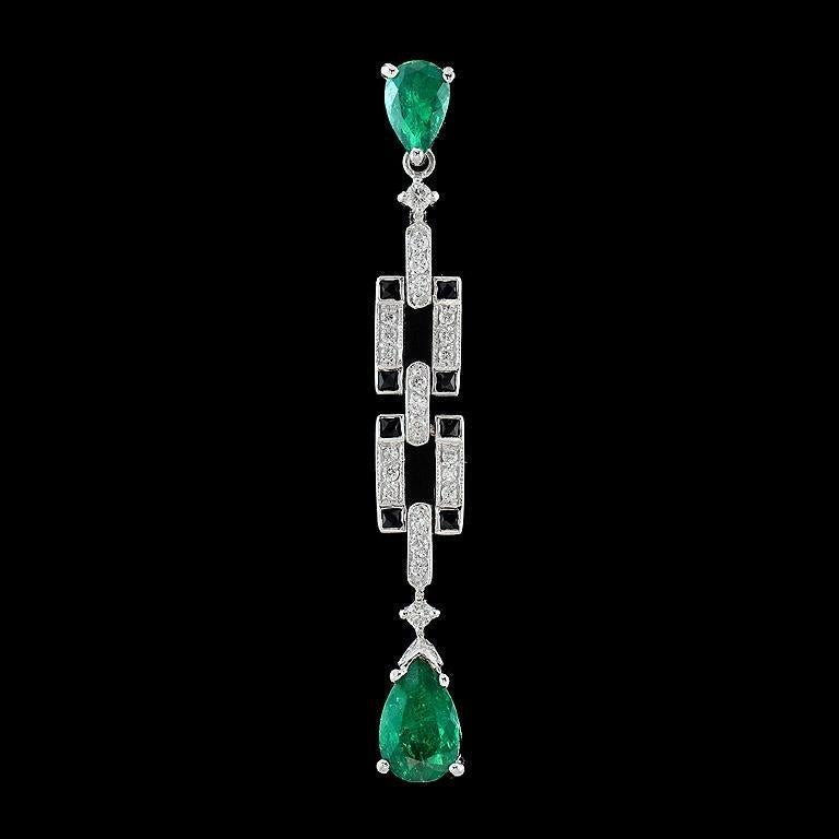 This stunning Art Deco-style bar pendant will complement any outfit. It features two drops of Colombian emeralds decorated with shimmering diamonds and onyxes accent to create this lovely linear drop. 

Information
Style: Art-deco
Metal: 18K White