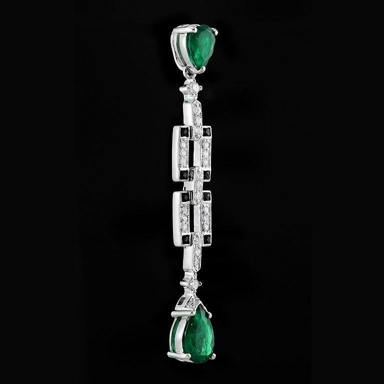 Pear Cut Pear Shape Colombian Emerald with Diamond and Onyx Art Deco Style Bar Pendant For Sale