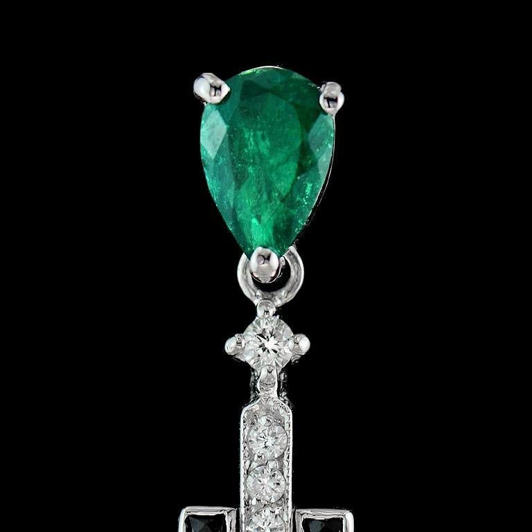 Women's Pear Shape Colombian Emerald with Diamond and Onyx Art Deco Style Bar Pendant For Sale