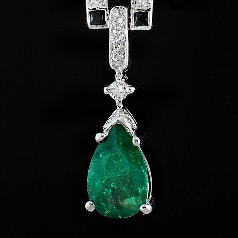 Pear Shape Colombian Emerald with Diamond and Onyx Art Deco Style Bar Pendant For Sale 1