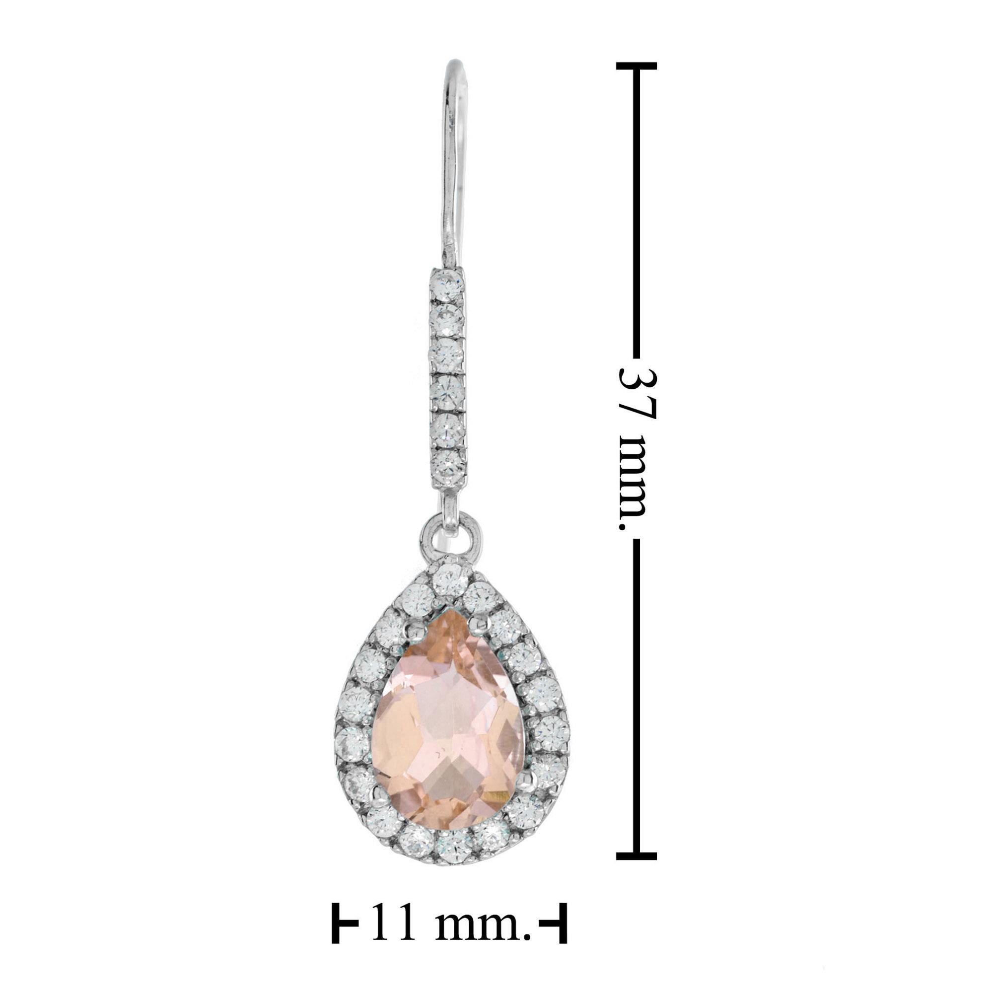 Pear Cut Pear Morganite with Diamond Halo Drop Earrings in 14K White Gold For Sale