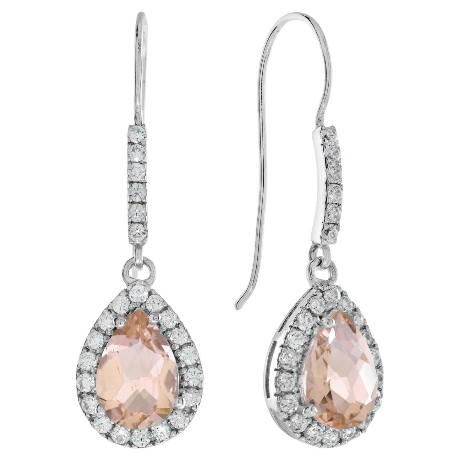 Pear Morganite with Diamond Halo Drop Earrings in 14K White Gold For Sale