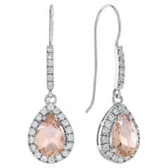 Pear Morganite with Diamond Halo Drop Earrings in 14K White Gold