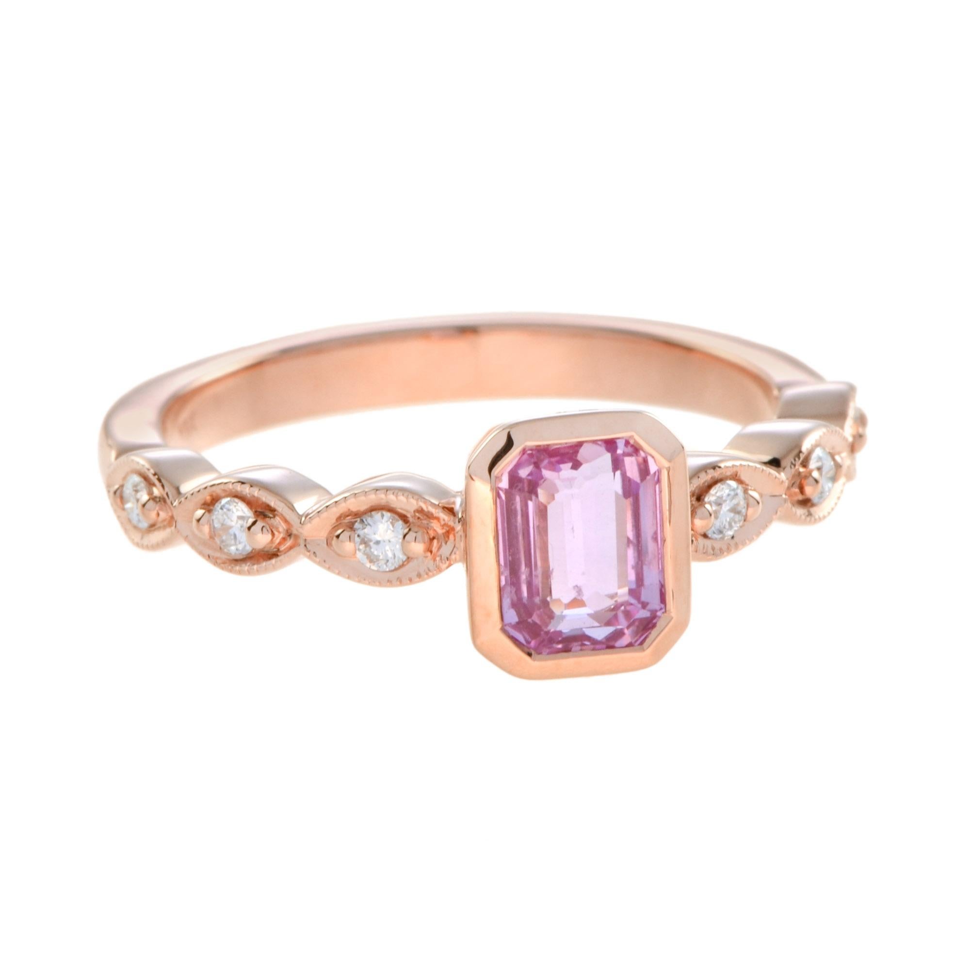 Art Deco Certified Pink Sapphire and Diamond Engagement Ring in 18K Rose Gold For Sale